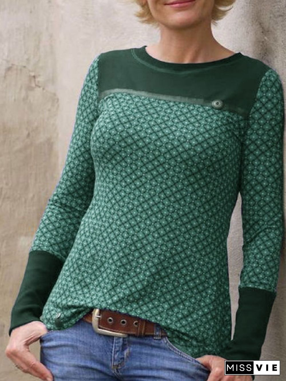 Round Neck Long Sleeve Casual Cotton-Blend Tops