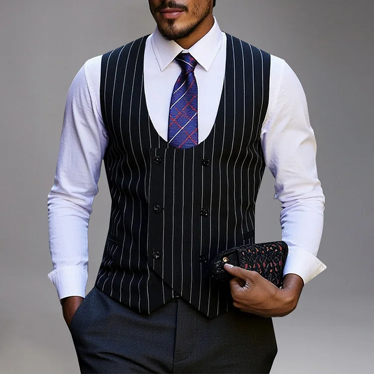 Business U Neck Double Breasted Striped Vest Okaywear