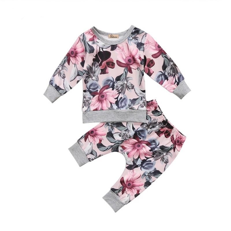 2Pcs Sets Baby Girl Floral Outerwear Top Pant Outfit Clothes
