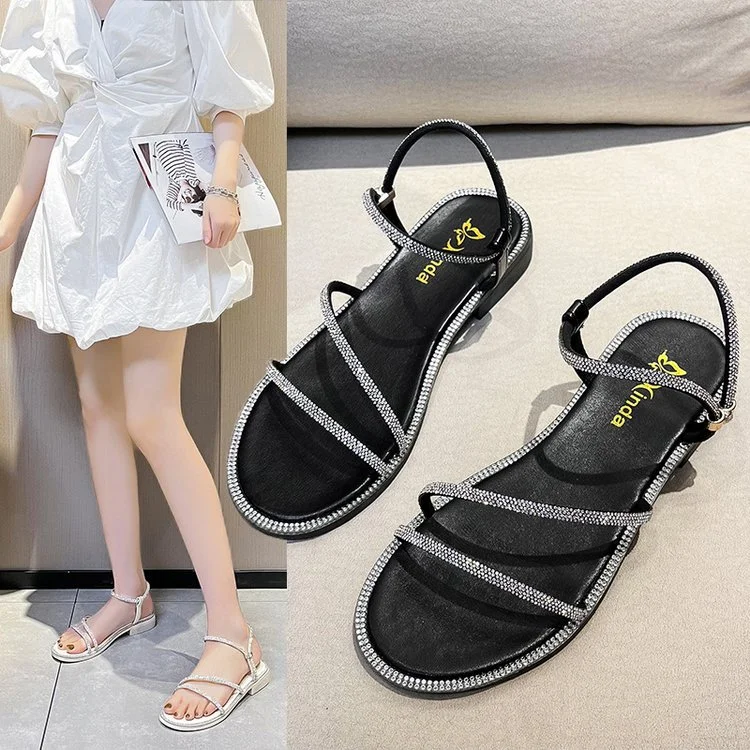 Wongn Wongn New Rhinestone Flat Sandals Female Summer Outside Wear Ins Fairy Wind With Skirt A Word With Thick Heel Roman Shoes