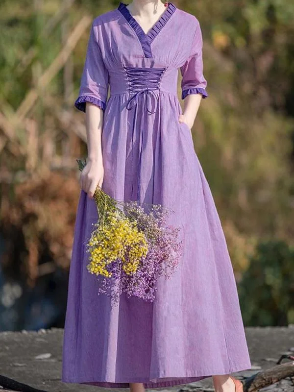 Vintage Cotton Linen Lace-Up Waist Frill Dress-Mayoulove