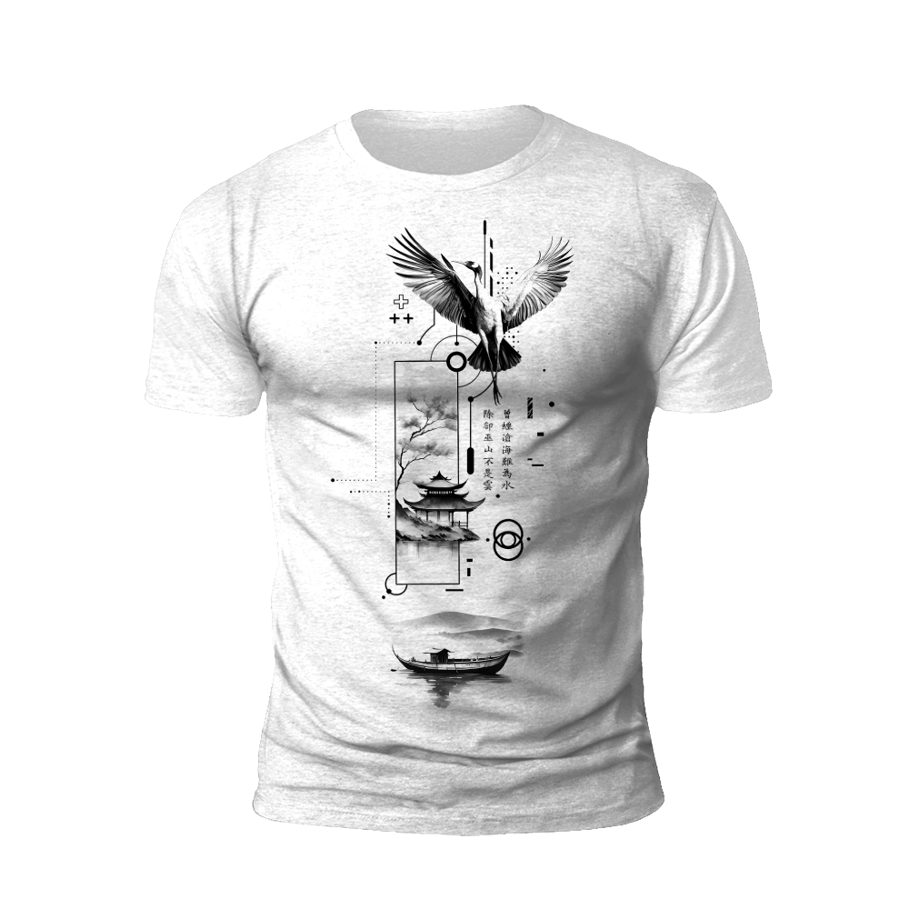Crane and Pagoda T-Shirt: A Symphony of Serenity and Tradition