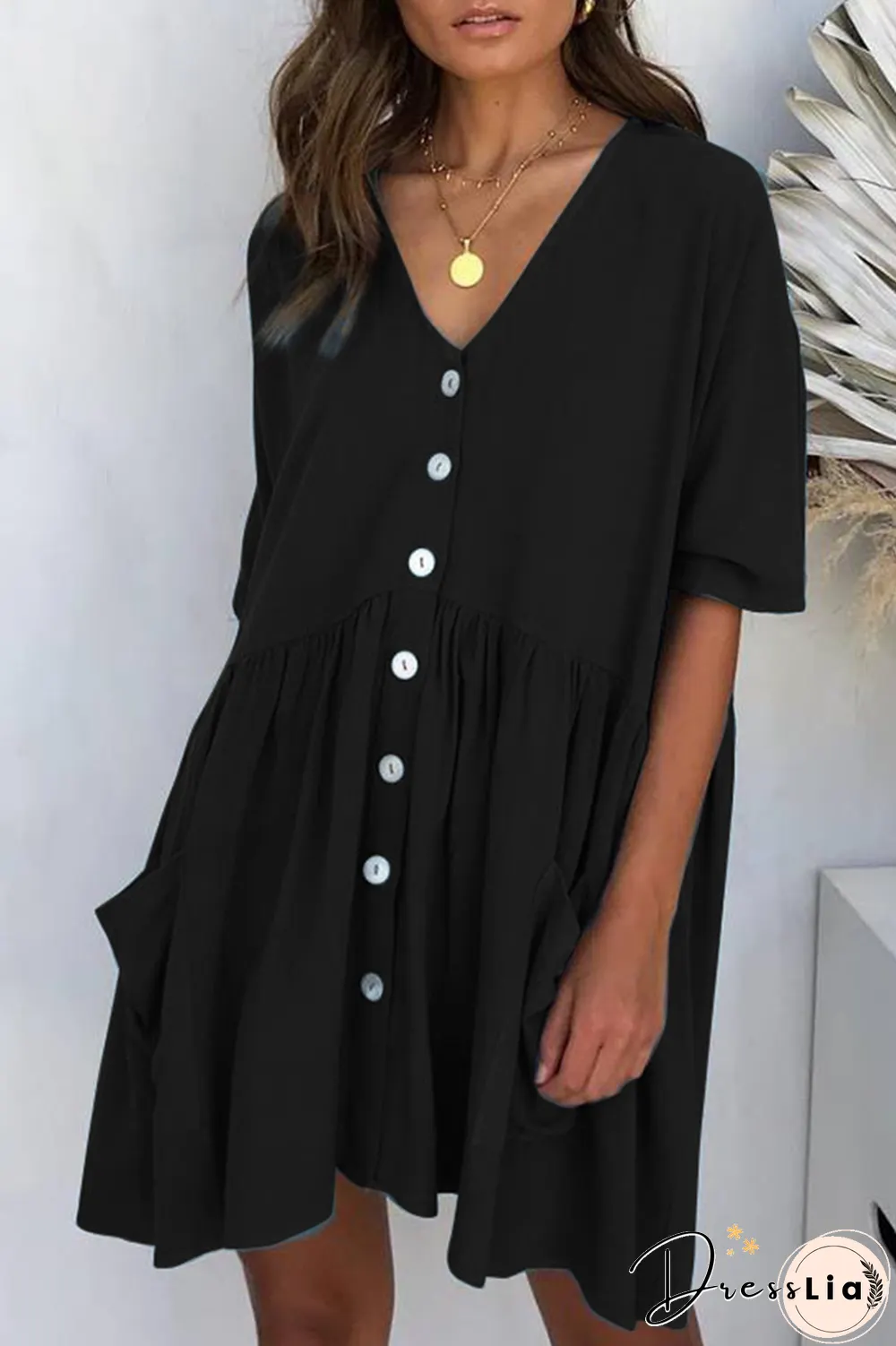 Casual Solid Pocket Buckle V Neck A Line Dresses