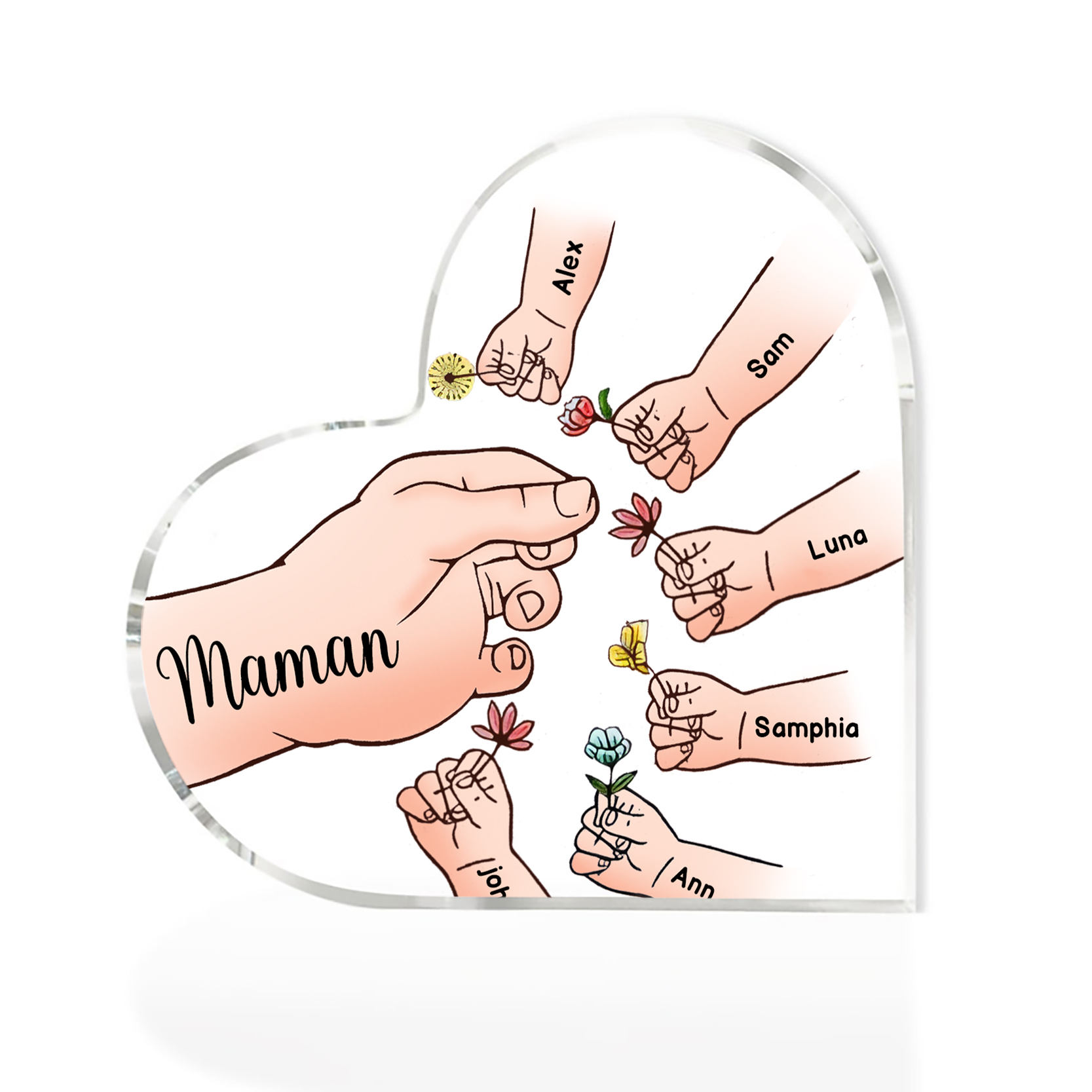 À ma Maman/Mamie - Plaque Acrylique Mains et Enfants en Forme de Cœur 7 Prénoms Personnalisés
