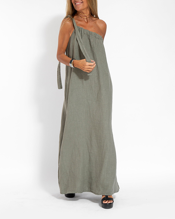 Elegant Solid Sloping Shoulders Cotton Linen Sleeveless Long Dress