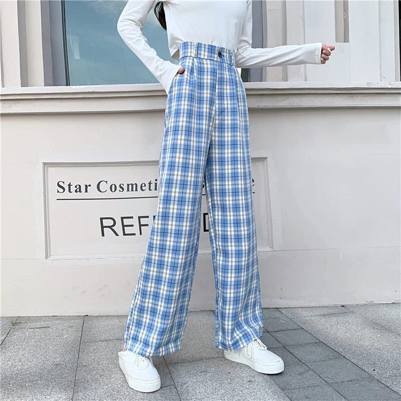 Zoki Plaid Women Pants Elastic High Waist Korean Fashion Plus Size Loose Spring Ladies Full Straight Pants Casual Trousers S-4XL