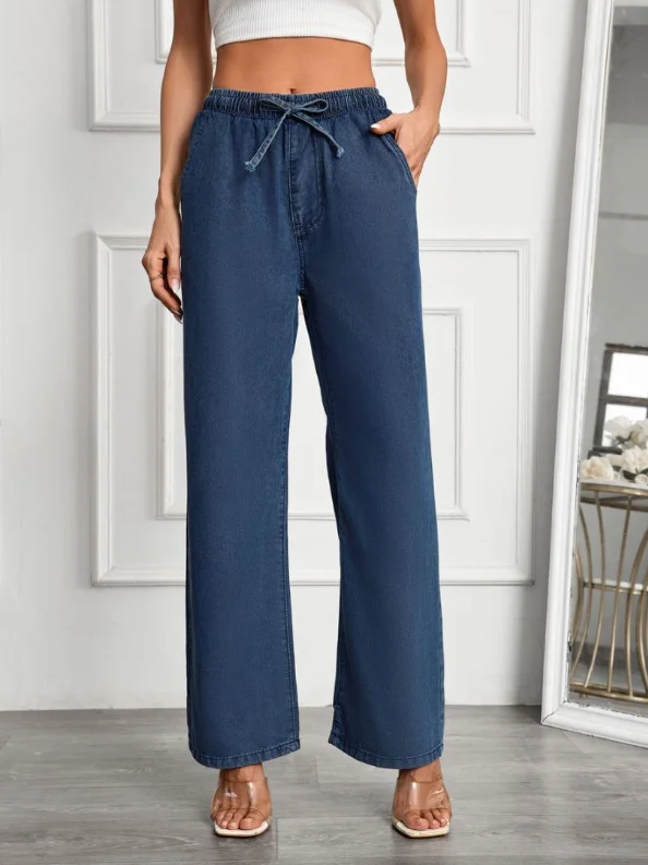 Women's Blue High Waist Loose Casual Elastic Strap Denim Jeans