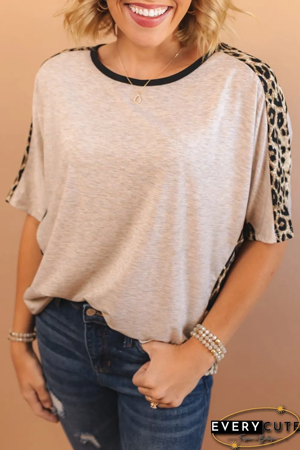 Gray Leopard Splicing O-neck Short Sleeve T Shirt