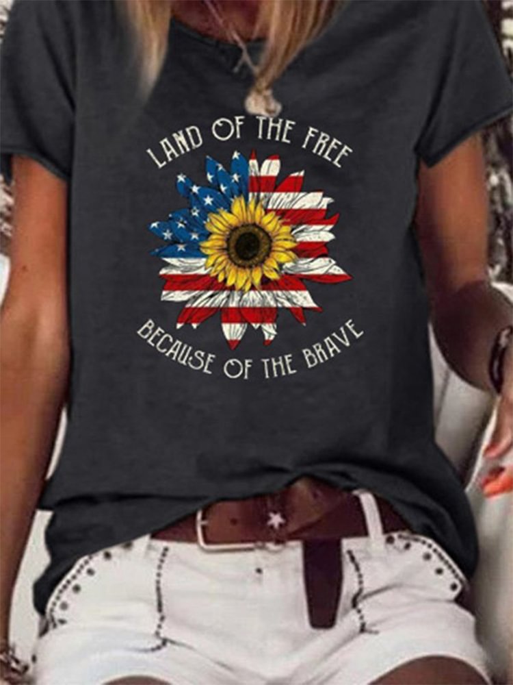 Independence Day Flag Sunflower Printed Round Neck T Shirt P181401871