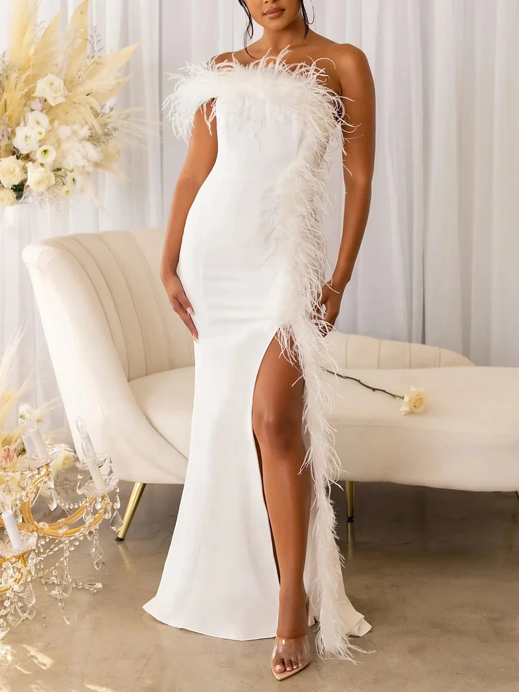 Promsstyle Feather  slit evening dress Prom Dress 2023