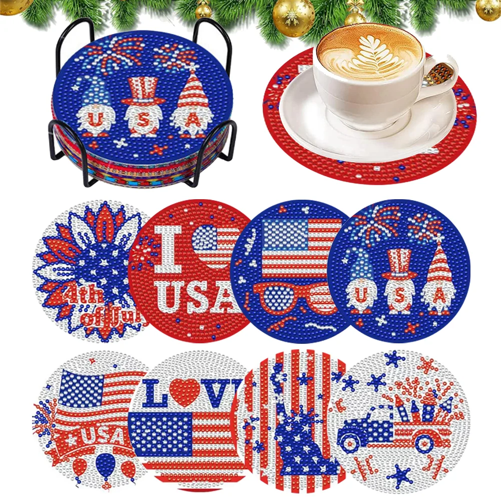 8Pcs USA Flag Diamond Art Coasters Diamond Painting Coasters Kit