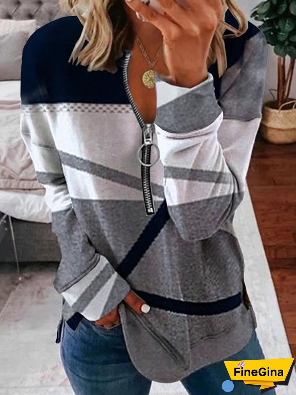 Gray Zig Zag Stripe Zippered Top