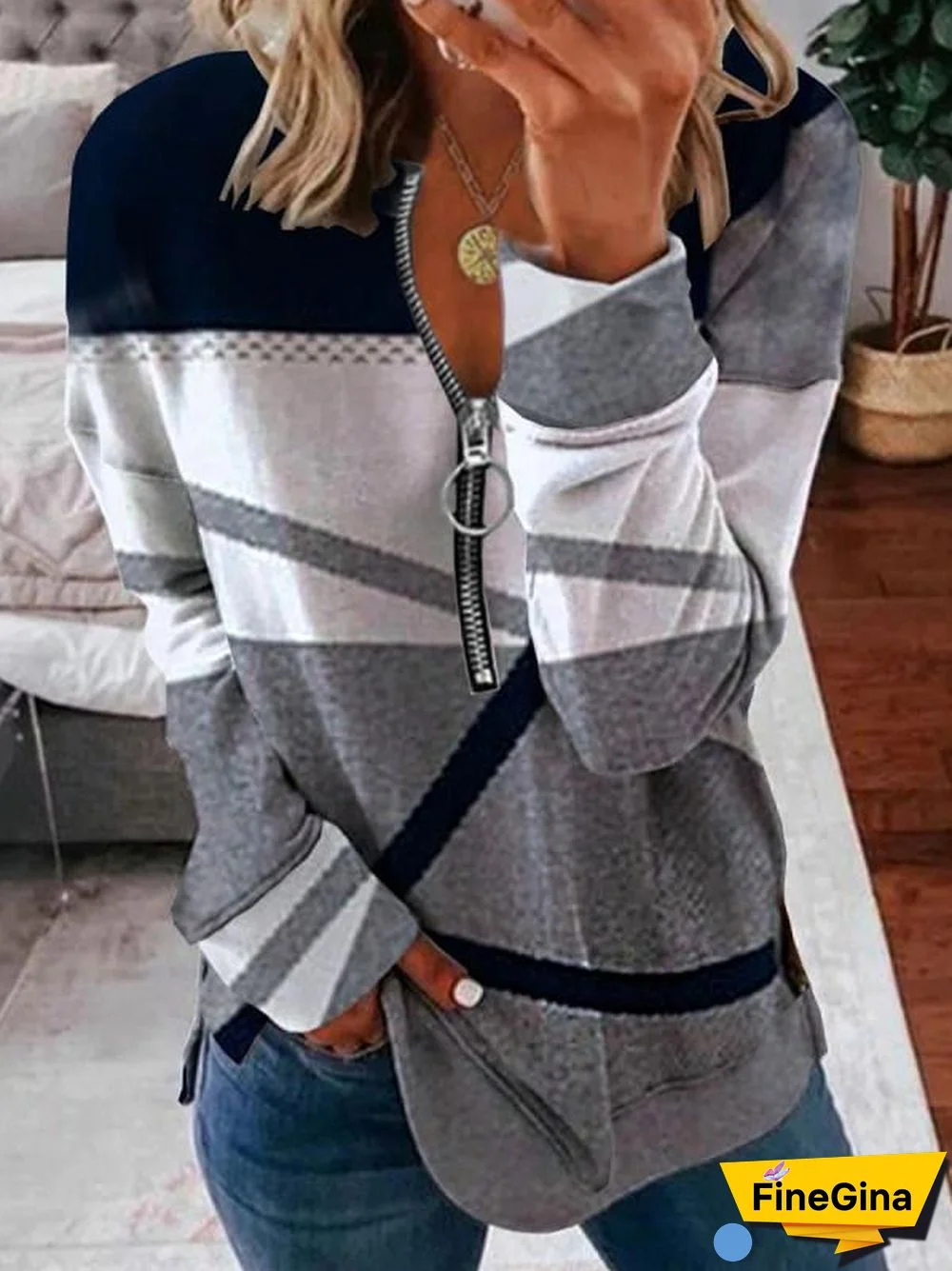 Gray Zig Zag Stripe Zippered Top