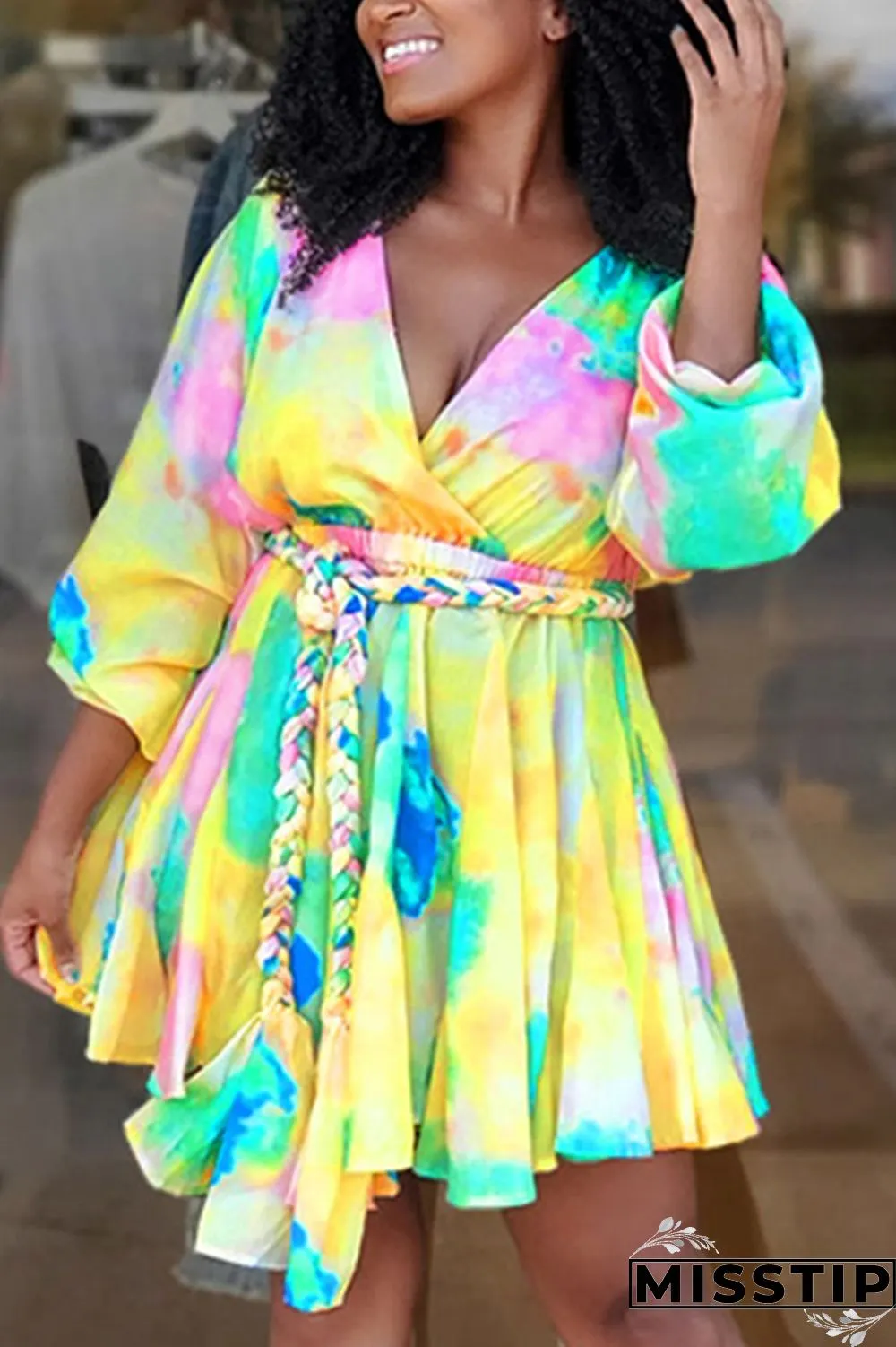 Orange Sexy Print With Belt V Neck A Line Plus Size