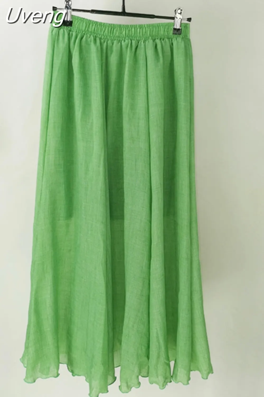 Uveng Women's Elegant 16 Color High Waist Elastic Waist Linen Pleated Long Skirts Ladies Slim Casual Skirt Saias New 2023 Summer SK05