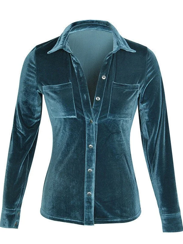 Buttoned Solid Long Sleeve Velvet Tops - Blouses Zaesvini