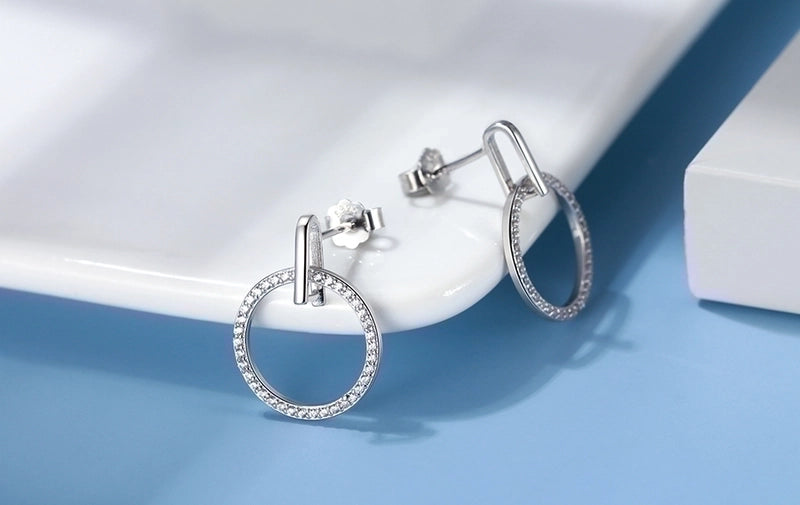 1 Pair 925 Sterling Silver Zircon Circle Round Drop Earrings