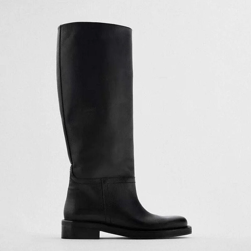 Winter Women Knee High Boots Full Cow Leather Warm Black Fashion New Thick Bottom Motorcycle Boots Punk Shoes Woman High Boots