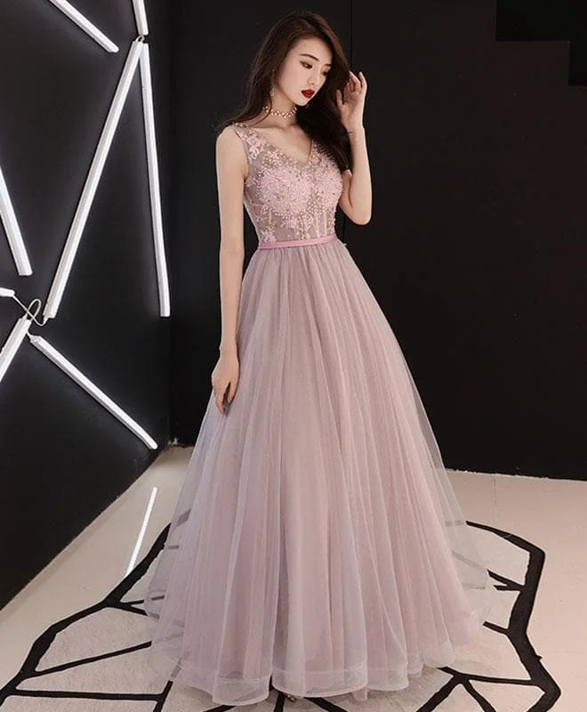 Dusty Pink V Neck Sequins Long Prom Dress