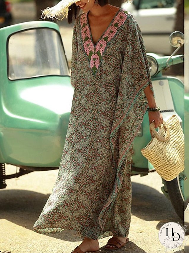 Boho Dress Cover Up Beach Wear Long Dress Maxi Dress Dolman Print Ethnic Casual Floral V Neck 3/4 Length Sleeve Loose Fit Outdoor Daily Green Summer Spring One Size for Women