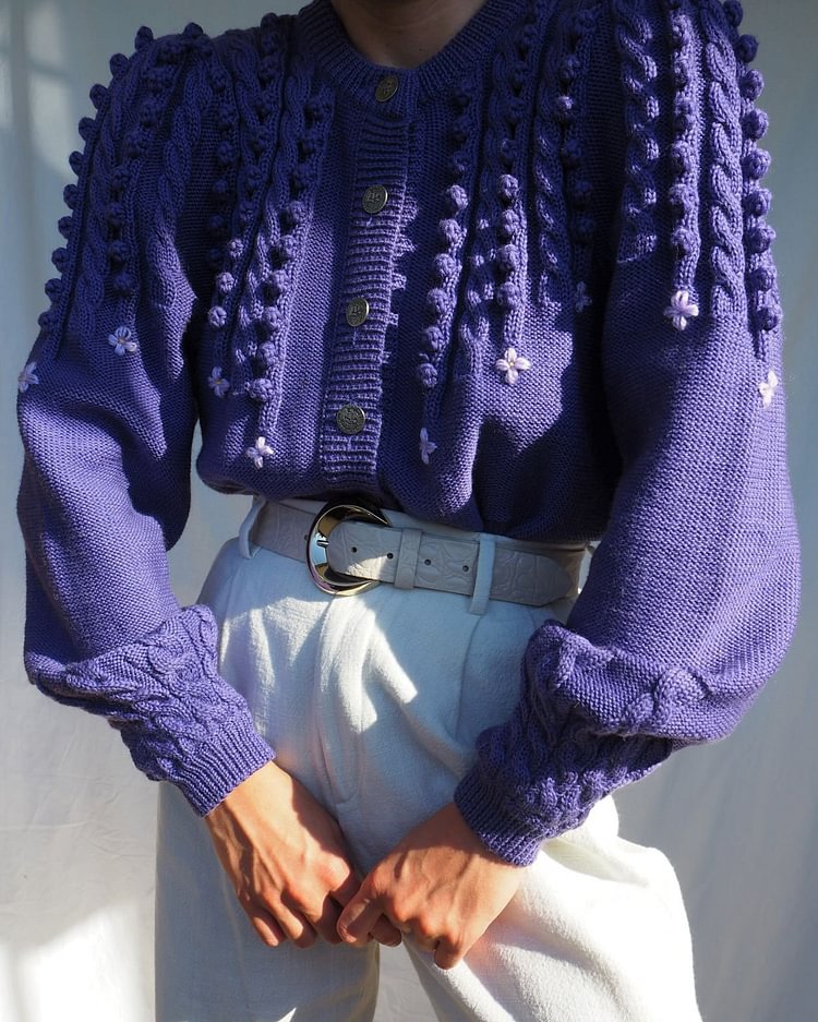 Purple Lilac Flower Embroidery Cardigan