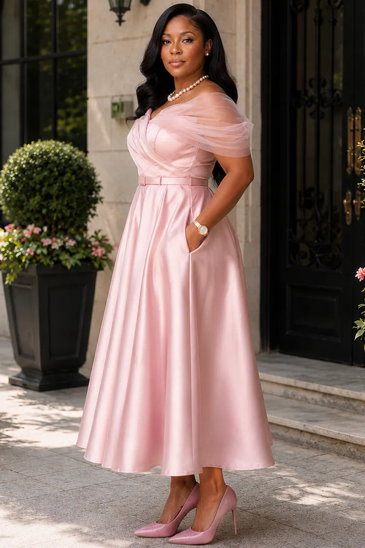 short pink puff sleeve tulle dress Collared Flower Girl Knee Length  Mia Princess line shape flatters all body types Xpluswear Design Plus Size Wedding