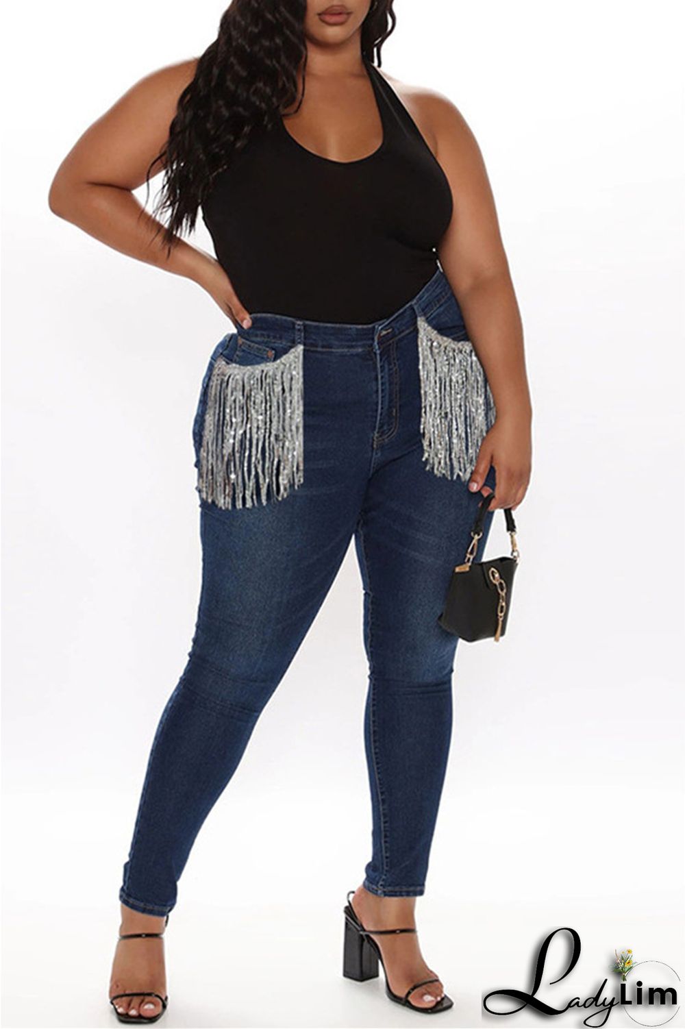 Light Blue Fashion Casual Solid Tassel Patchwork Mid Waist Skinny Denim Jeans