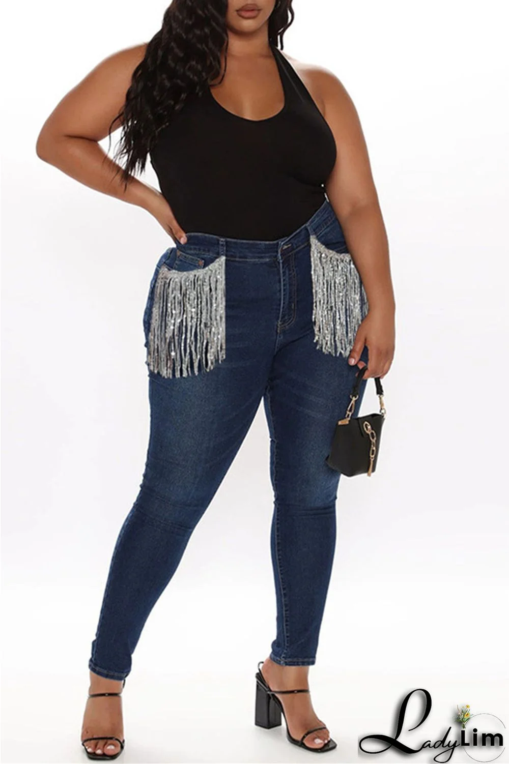 Light Blue Fashion Casual Solid Tassel Patchwork Mid Waist Skinny Denim Jeans