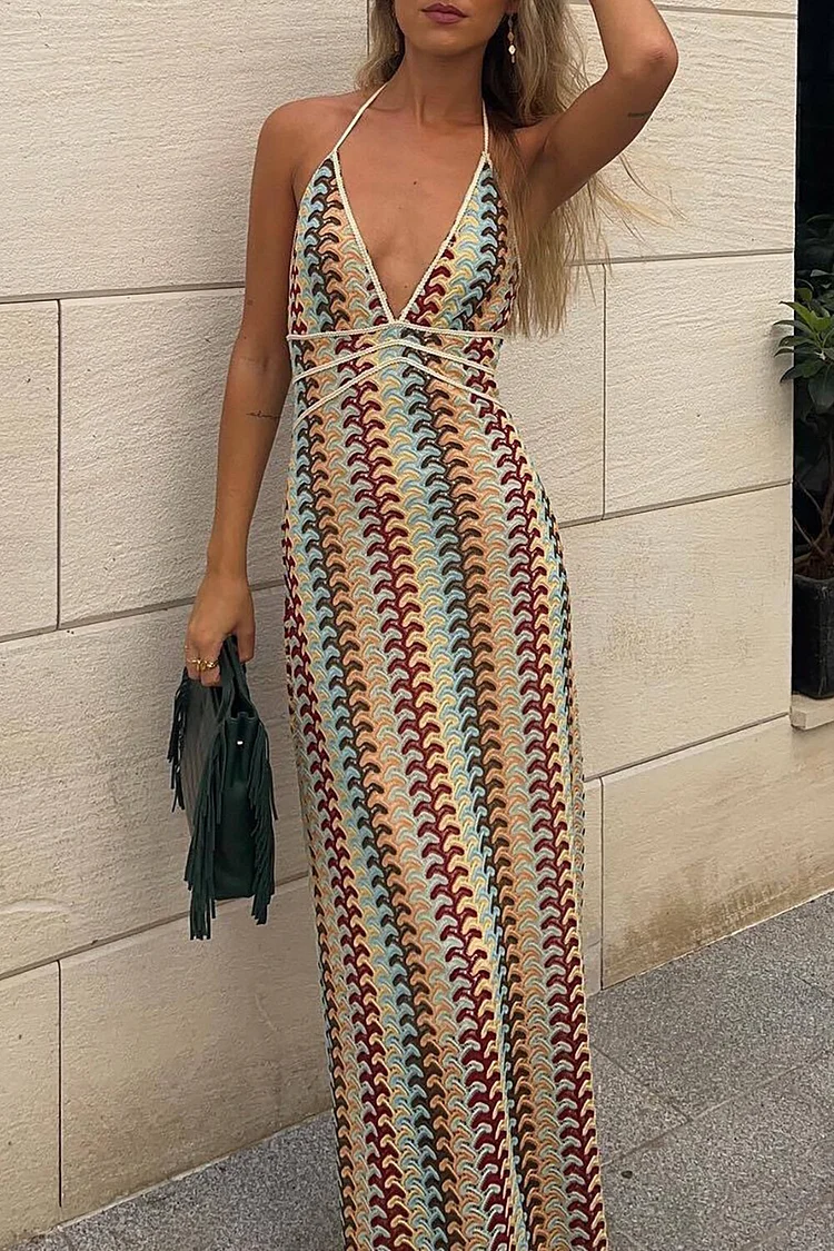 Crochet Abstract Striped Deep V Neck Halter Slim Fit Maxi Dresses-Beige