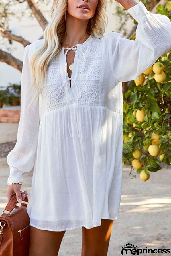 Fashion Solid Color Long Sleeved V-neck Loose Casual Dress