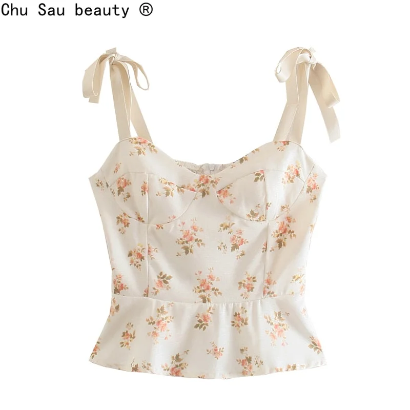 2021 French Prairie Chic Floral Print Crop Top Ruffle Sweet Hot Bow Lace-Up Wide Strap Vest Tight-Fitting Women Camisole