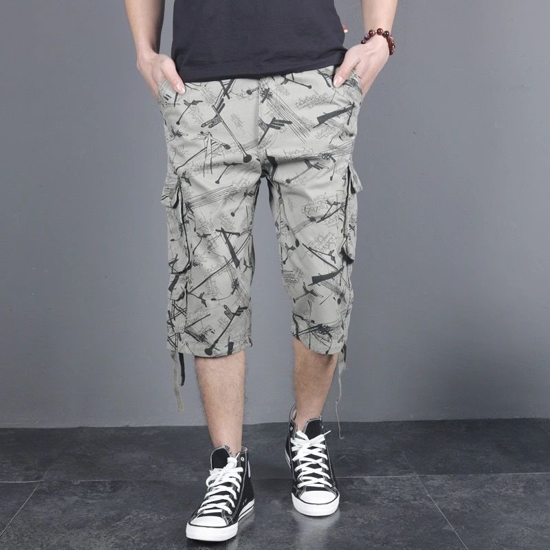 Drawato 2025 Men's Clothing New Summer Printed Pockets Button Spliced Fashion Loose Wear Resistant Pure Cotton Camouflage Capri Pants