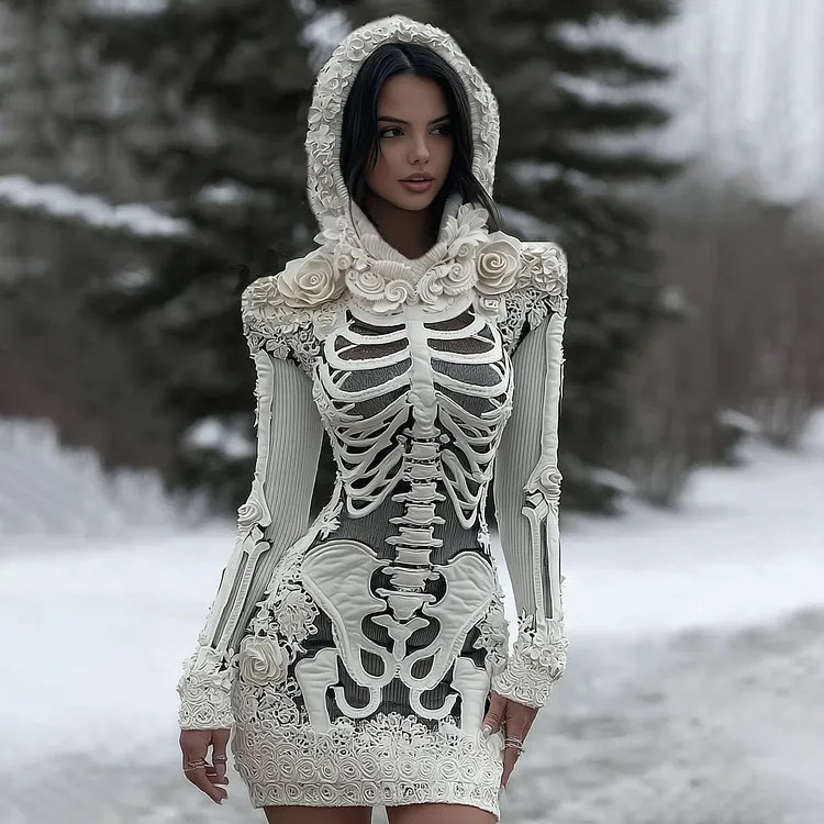 skeleton dress knit Halloween Sweater Sweater Women's Women's Vintage Halloween Skeleton Bones With Rose Art Cozy Hooded Sweater Dress Halloween dress