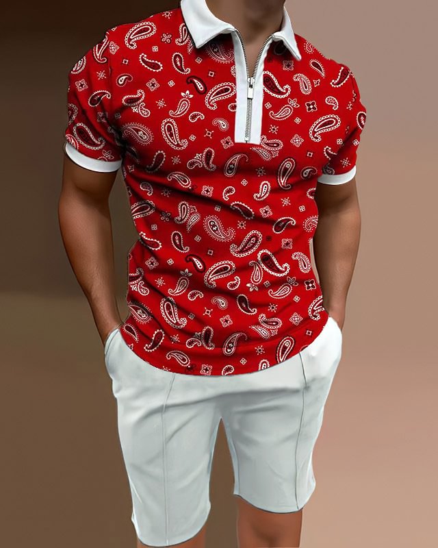 Men's Polo Shirt Casual Cashew Flower Two Piece