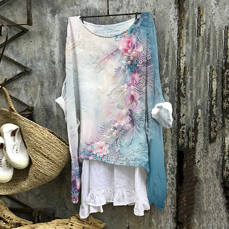Women's Floral Pearl Gradient Art Linen Blend Vintage Shirt