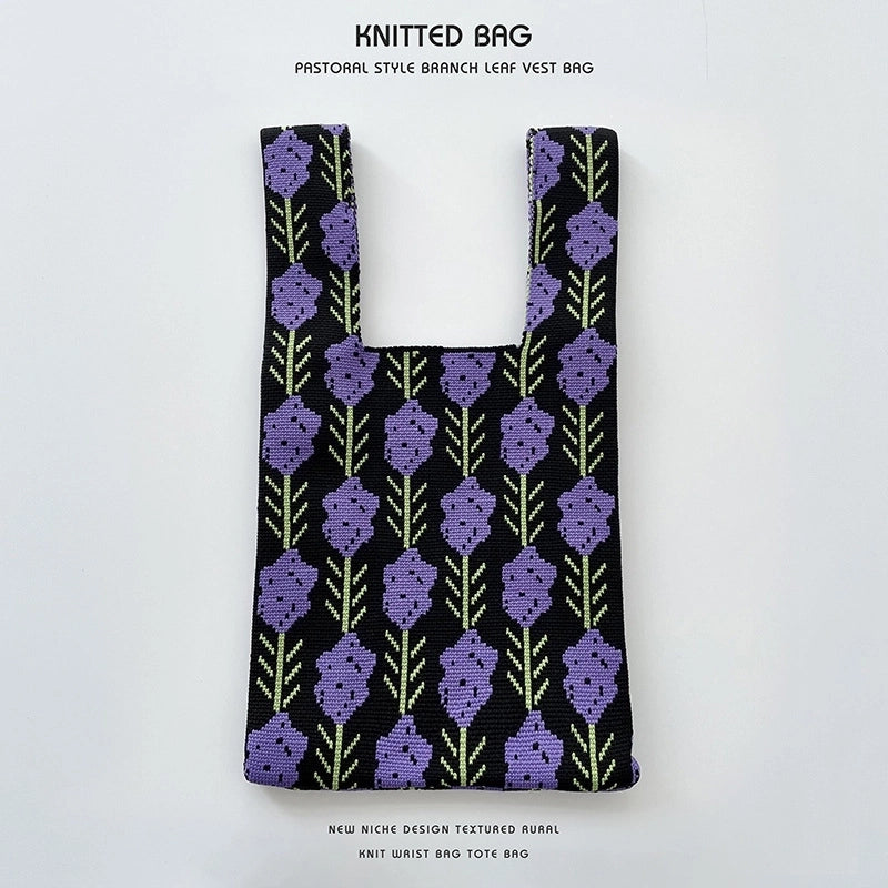 Women’s Medium Knit Letter Flower Cute Vintage Style Square Open Handbag