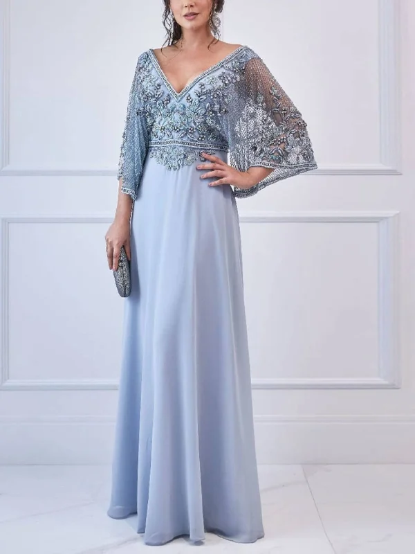 V-Neck Lace Sequin Solid Color Maxi Dress