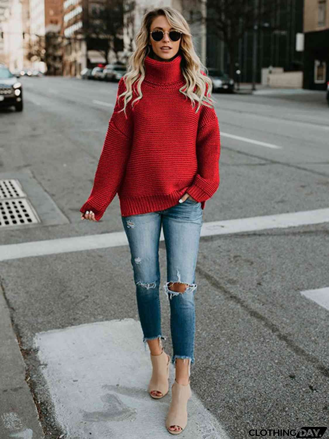 Turtleneck Dropped Shoulder Slit Sweater