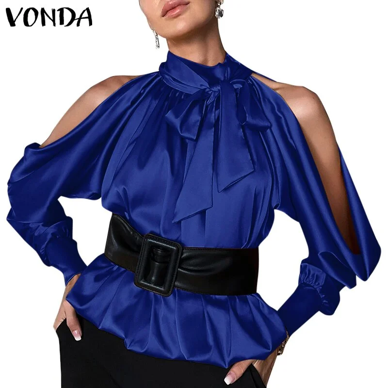 VONDA Women Y2K Tops Autumn Puff Sleeve Bow Blouse Office Formal Blusas Femininas Casual High Neck Pleated Solid Color Shirts