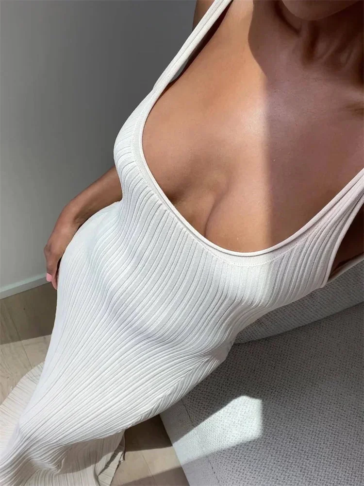 Oocharger Knit Ribbed Slim Maxi Dress Female Backless Scoop Neck Fashion Elegant Party Looks Long Dress Patchwork Knitwear Dress