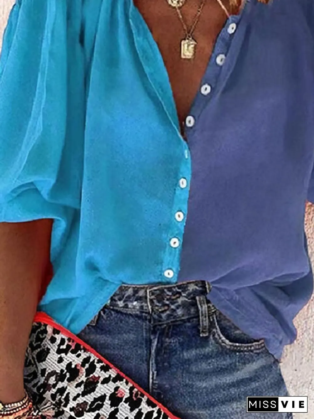 Color-block Casual Half Sleeve Blouse