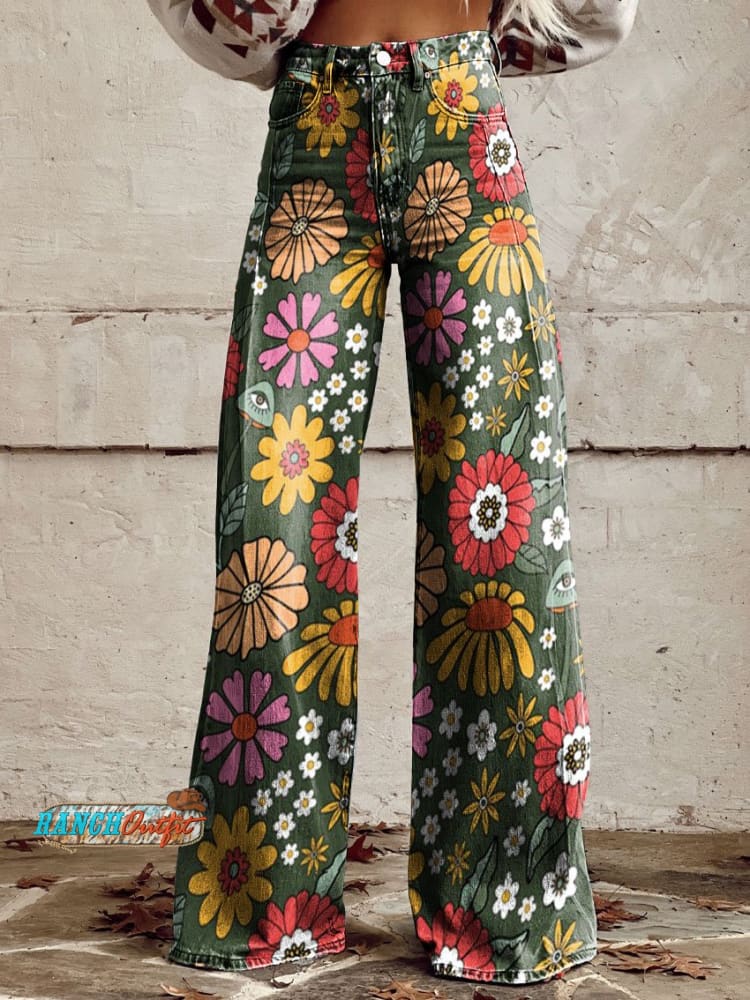 Women’s Vintage Flower Daisy Print Casual Wide Leg Pants Multicolor / S