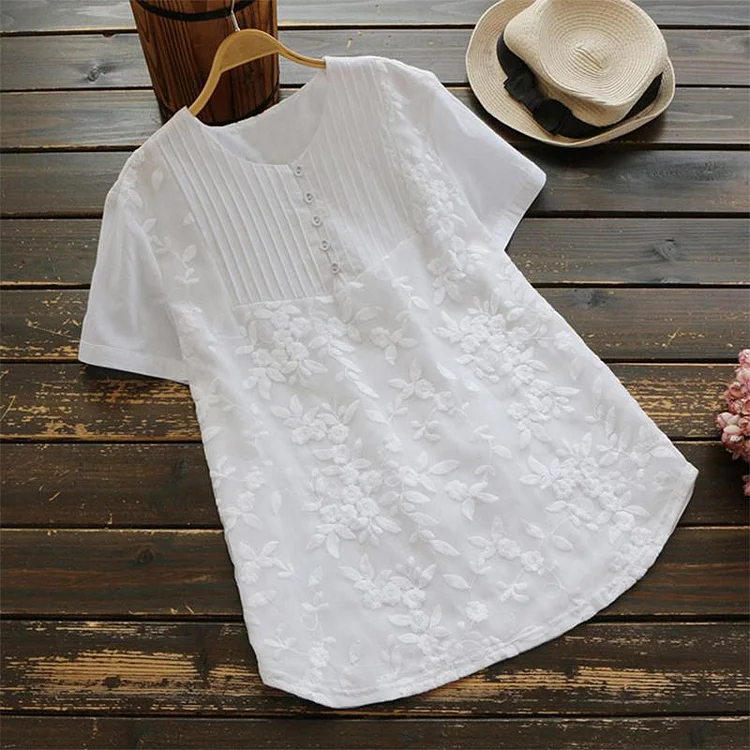 Women's Lace Blouse Short Sleeve Crew Neck Floral Lace Shirts