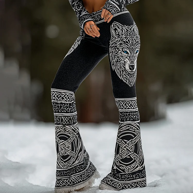 Women's Viking Celtic Knot With Wolf Head Print Casual Flared Leggings