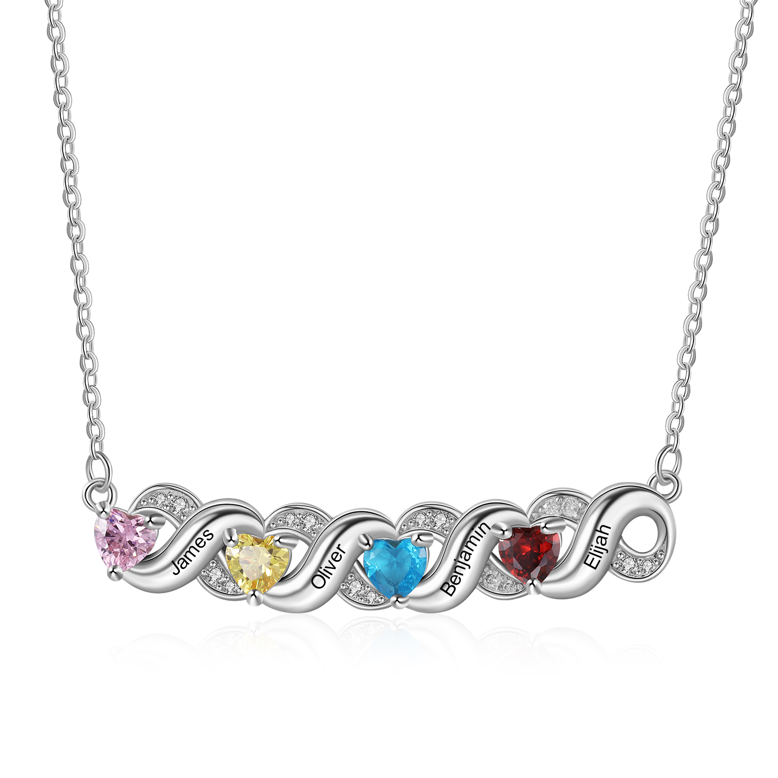 Personalized Heart Birthstone Necklace Custom 4 Names Overlap Necklace