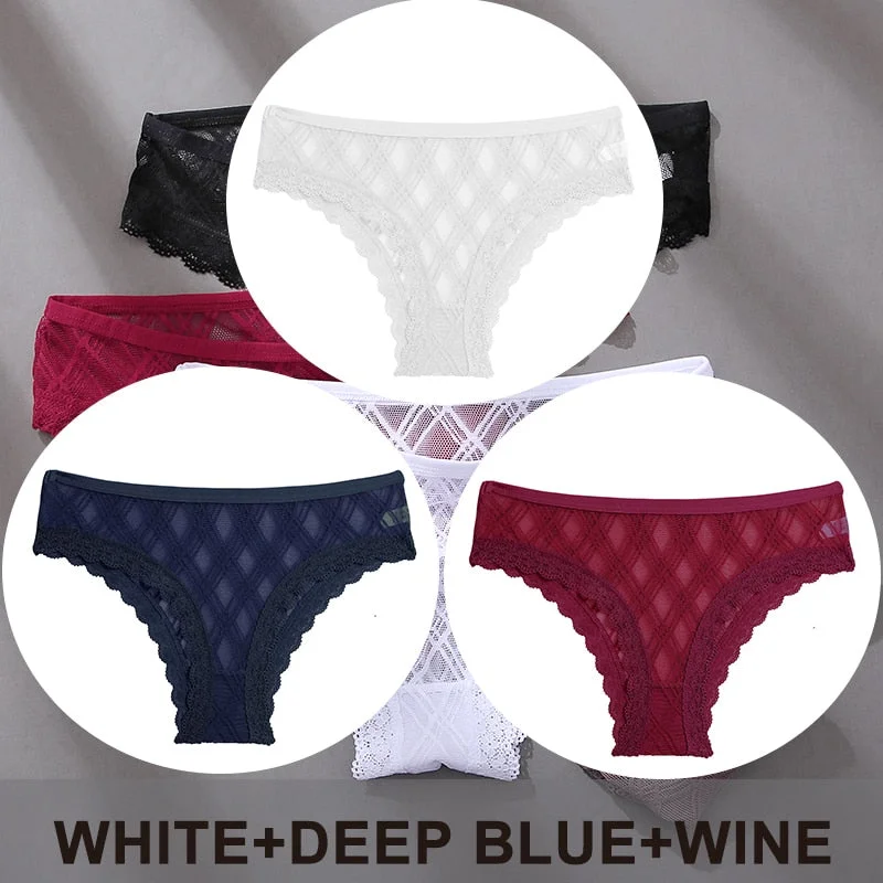 FINETOO 3PCS/Set Women's Panties Sexy Lace Lingerie Temptation Underwear Briefs Pespective Woman Thongs Mesh Underpants Female
