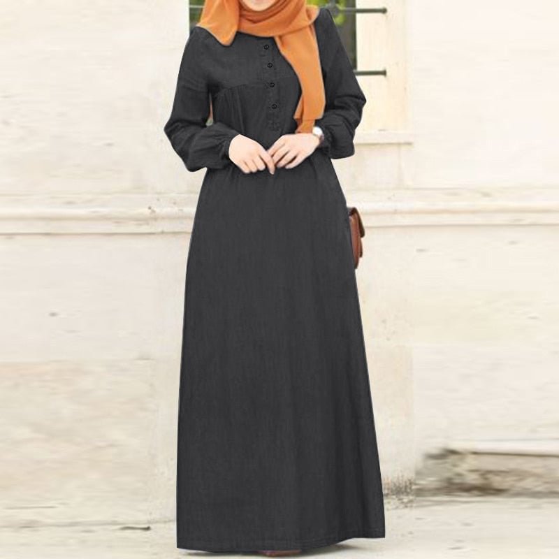 ZANZEA Women Long Sleeve Solid Maxi Sundress Vintage Autumn Denim Blue Dress Casual Buttons Kaftan Vestido Muslim Dress Robe