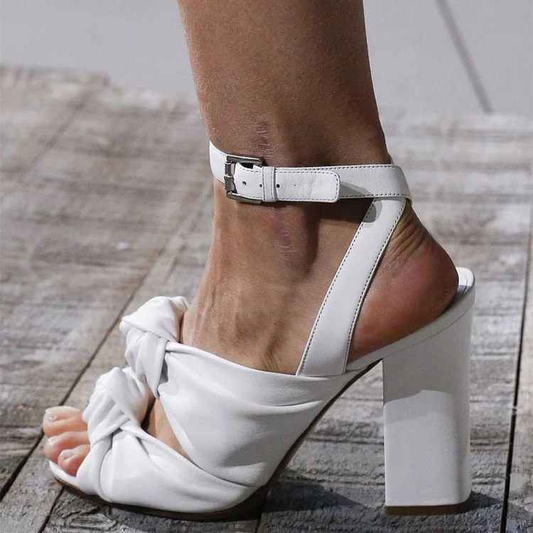 White Ankle Strap Sandals Chunky Heel Open Toe Sandals |FSJ Shoes