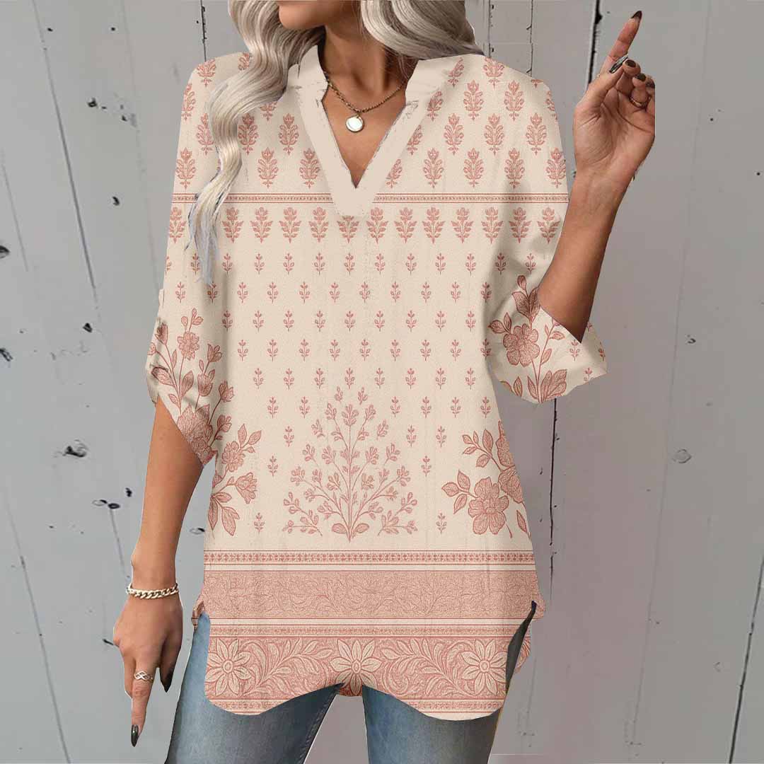 Women Geometric,Pink DZGA0295 3/4 Sleeve V-neck Printed Graphic Button Tops