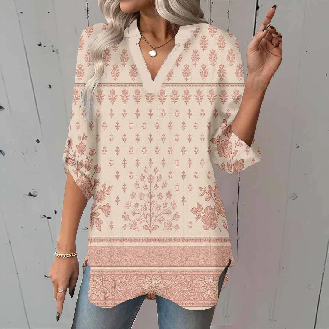 Women Geometric,Pink DZGA0295 3/4 Sleeve V-neck Printed Graphic Button Tops
